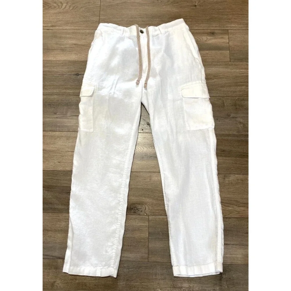 Caribbean 100% Linen Cargo Pants 34x30 Drawstring Beach Resort Solid White